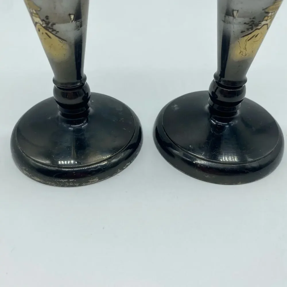Mid Century Modern Silver Etched Japanese Candlestick Holders Vintage Asian Art
